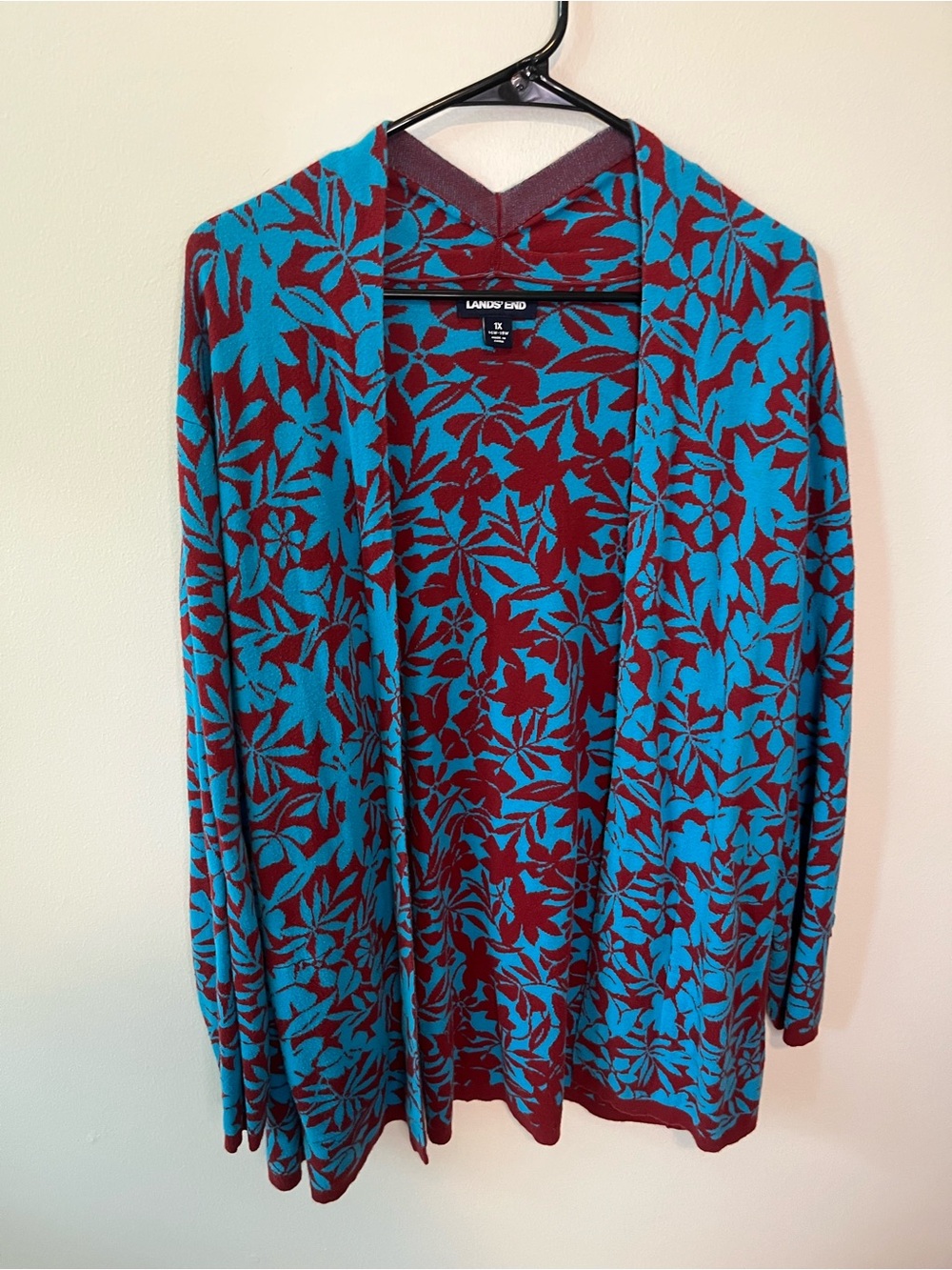 Lands' End Teal and Red Funky Floral Open Cardigan